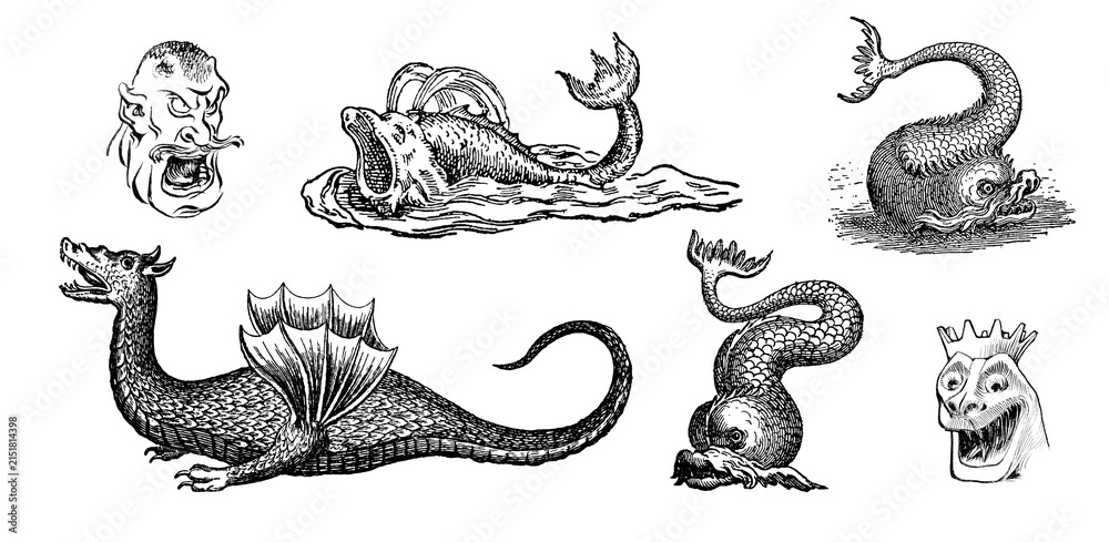 Fototapeta premium Vintage illustration of Sea Monsters, Fantasy animals. Sea monsters png set with transparent background.