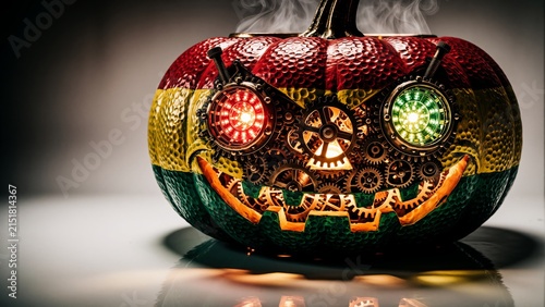Steampunk Jack-o-lantern Pumpkin with Glowing Mechanical Eyes and Intricate Gearwork Details