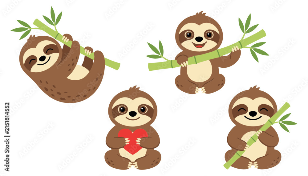 Obraz premium Cute Sloth Character Vector Set in Poses Holding Green Bamboo Stalks and Red Heart Symbol for Valentines Day and Tropical Jungle Wildlife Graphic Designs
