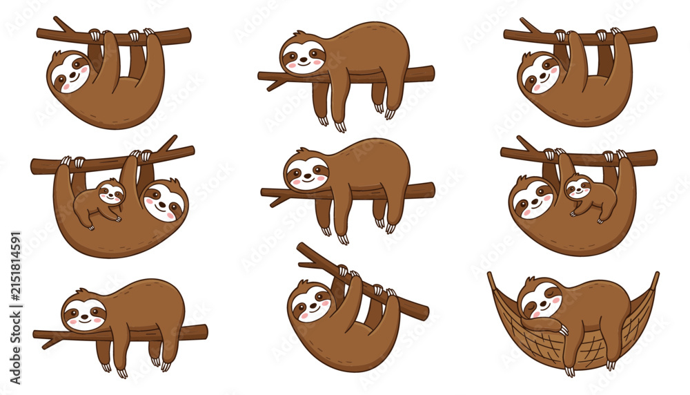 Obraz premium Cute Sloth Character Set in Various Poses Including Hanging on Tree Branches Sleeping and Relaxing in Hammock for Tropical Wildlife Children Graphic Designs