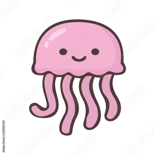 Adorable pink jellyfish character with a friendly smiling face and simple rounded design, isolated on white.