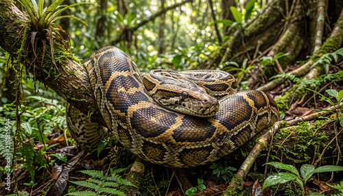 Burmese python wildlife photography of large snake coiled on tree branch for tropical nature banner, herpetology educational poster, and wild reptile magazine editorial.