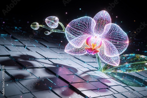 Futuristic Glowing Digital Orchid Flower on a High Tech Cybernetic Grid Background