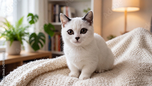 White kitten indoor photography of cute munchkin cat sitting on knit blanket for pet care website header, veterinary clinic advertisement, and cozy home interior editorial.