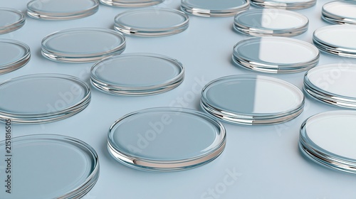 Repeating pattern of transparent glass circular discs with shiny silver edges arranged in grid on solid soft light blue background creates minimalist abstract geometric decoration