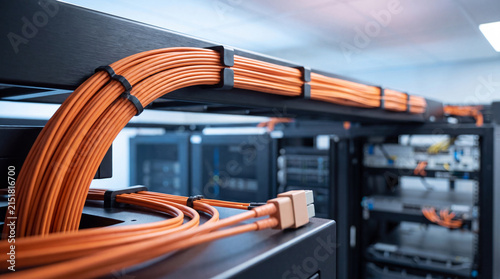 Extensive run of organized orange network cables flowing across multiple server racks in a modern data center.