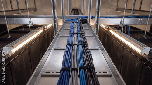 Neatly organized blue and black network cables running along a metal tray in a modern data center server room.