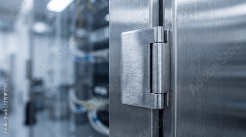 Modern brushed metal hinge detail on server rack door, highlighting professional data center equipment hardware.