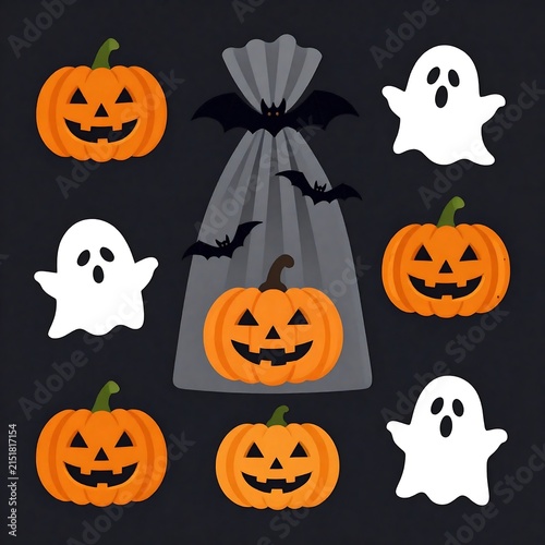 Halloween pattern design with pumpkins ghosts and bats on black, halloween