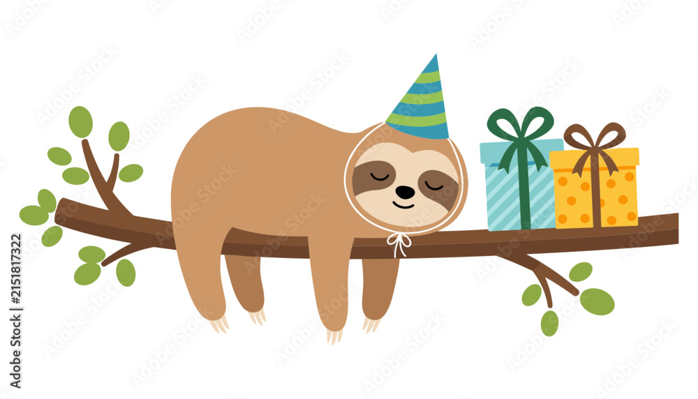 Naklejka premium Cute Birthday Sloth Cartoon Character Sleeping on Tree Branch Wearing Party Hat Next to Gift Boxes for Holiday Invitation Card Vector Illustrations