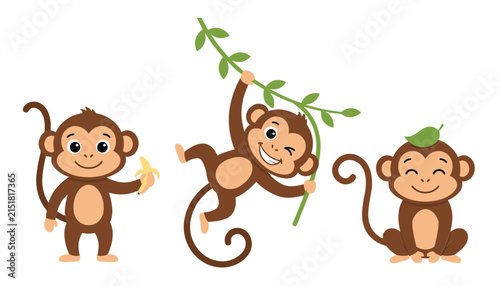 Canvas Print Cute Monkey Cartoon Character Set Featuring Little Jungle Animals Swinging on Li