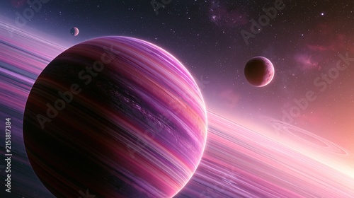 Giant striped purple pink gas giant planet with two small orbiting moons in deep starry outer space shows beautiful dramatic cosmic sci fi scenery