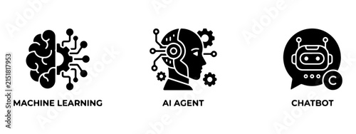 Machine learning artificial intelligence agent and chatbot icon set