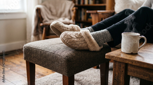 Close up of feet in cozy slippers resting on a footstool with a steaming mug nearby