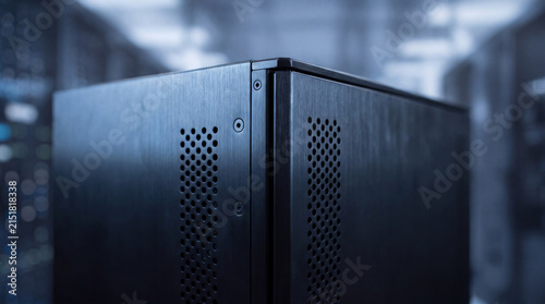 Close-up photograph of a modern server casing with perforated vents.
