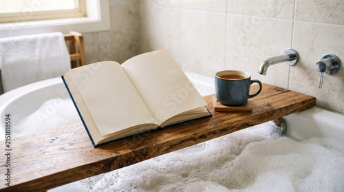 Wooden bath tray with an open book and a cup of tea over a foamy bubble bath