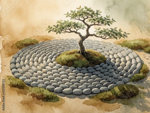 Watercolor Illustration of a Zen Garden with a Bonsai Tree and Concentric Stone Circles