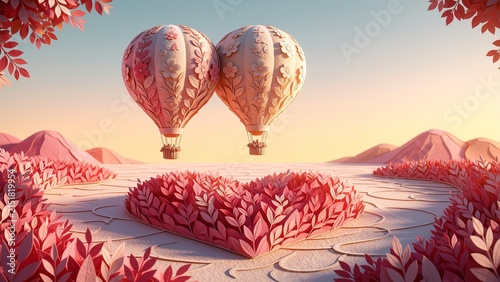 Surreal 3D Animation of Floral Hot Air Balloons Floating Over a Heart Shaped Garden