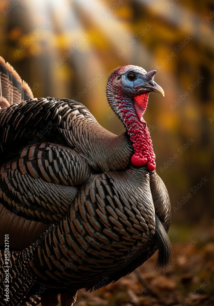 Obraz premium 七面鳥、紅葉、秋の光、自然、野生動物