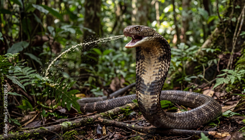 Spitting cobra venom attack photography of dangerous snake spitting liquid venom in rainforest for wildlife conservation advertising, herpetology documentary website banner, and reptile editorial.