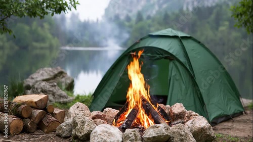 Peaceful Lakeside Camping at Sunrise.