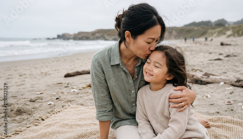 Asian mother kissing daughter photography of loving mom holding child on beach for family insurance advertising, parenting campaign website banner, and lifestyle editorial.