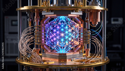 Quantum computing crystal core illustration of glowing crystal processor inside dilution refrigerator for artificial intelligence advertising, advanced tech website banner, and data science editorial.