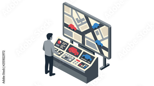 Isometric view of a transportation control center operator monitoring vehicles