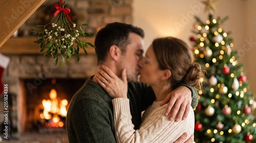 Couple kissing under mistletoe, feeling romantic, by a decorated Christmas tree