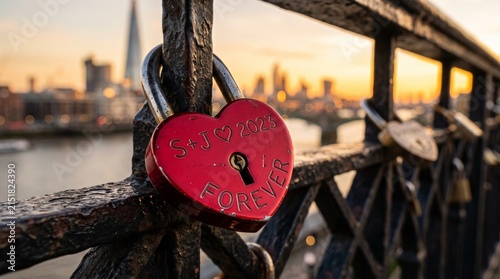 Heart shaped padlock on bridge railing with sunset, love lock scene, romantic atmosphere