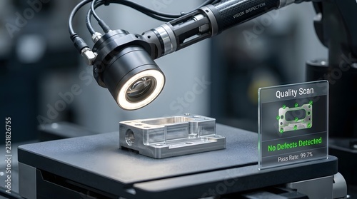 Industrial automated camera inspects a metal component for manufacturing defects on a clean laboratory testing station.