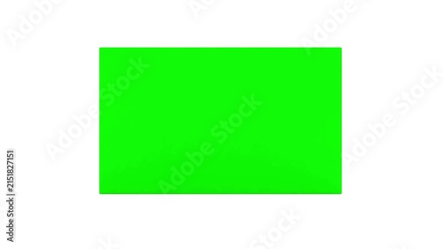 Flowing golden fabric slides away to uncover a bright green screen rectangle on a clean white background, useful as a reveal or presentation template in 3D animation