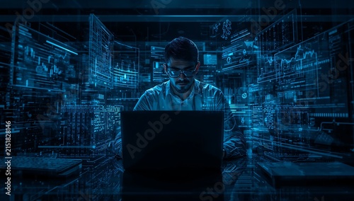 Generative AI computer analyst working with digital data visualization