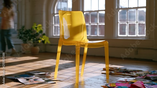Yellow Plastic Chair in Creative Messy Room / クリエイティブで雑多な部屋に置かれた黄色いプラスチック製の椅子