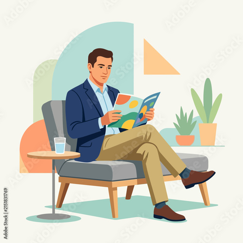 Man in Business Attire Reading Magazine While Relaxing in a Modern Lounge Area with Plants and Abstract Decor