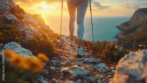Nordic walking poles, sporting goods advertising, outdoor equipment catalogs, healthy lifestyle campaigns, e-commerce listings, fitness blogs, product packaging, sports brand marketing