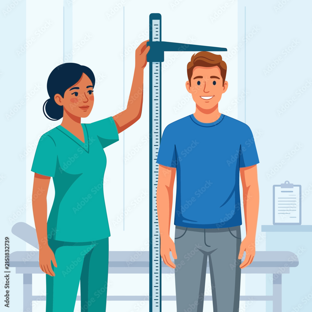 Obraz premium Medical Examination: Nurse Measures Patient's Height Using Stadiometer in Clinic