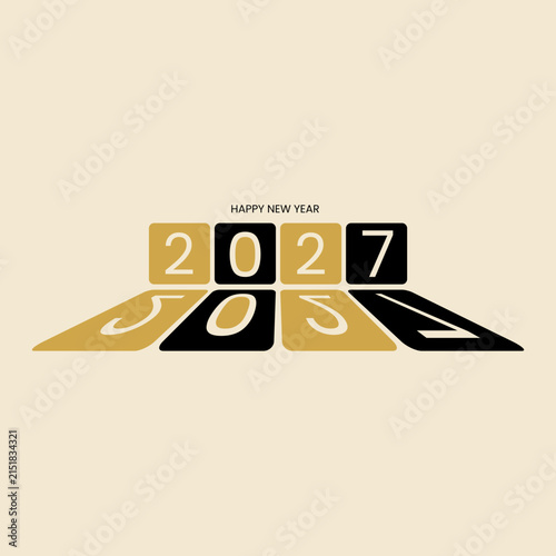 Futuristic 2027 New Year celebration graphic with reflective blocks for holiday greeting card and social media posts