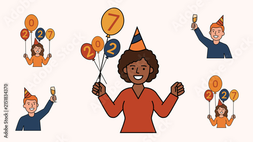 Diverse group celebrating New Year 2027 with balloons and champagne conveying joy and optimism for holiday and event marketing