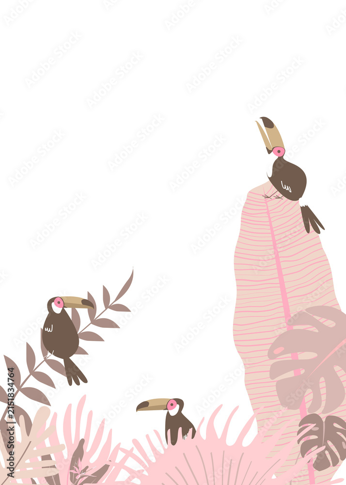 Fototapeta premium Pink botanical border png, aesthetic tropical leaves and toucan birds graphic element on transparent background