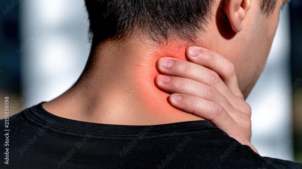 Fototapeta premium Person holding neck with red area indicating pain or discomfort