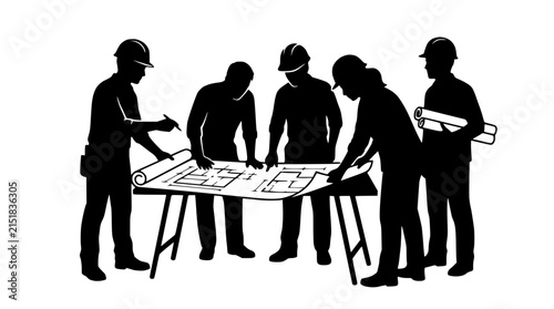 Silhouette of Architects and Engineers Reviewing Blueprints on Table