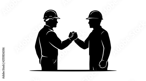Silhouette of Two Construction Workers Handshaking Isolated