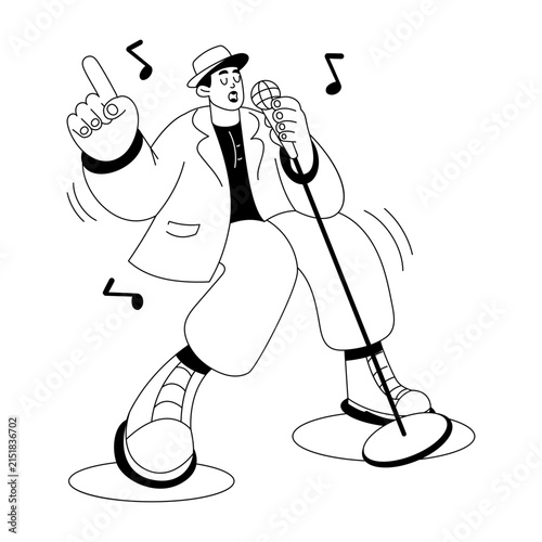 Cheerful vocalist singing into a standing microphone with expressive gestures.