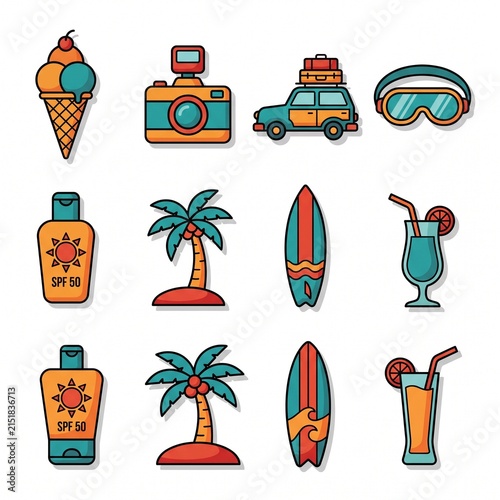 Vibrant beach vacation icon set with palm trees