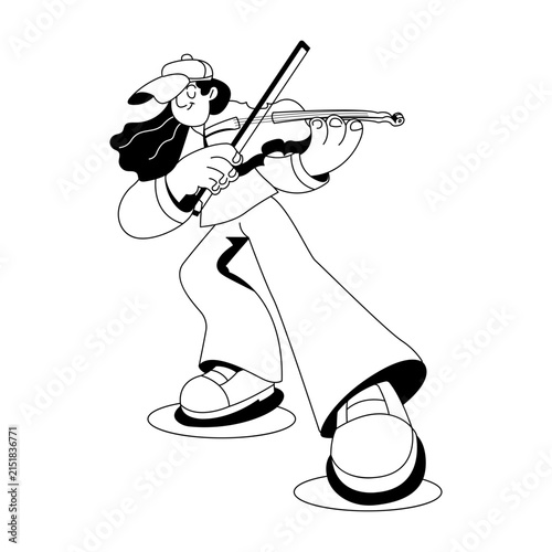 Playful musician performing with a violin and bow in a lively standing pose.