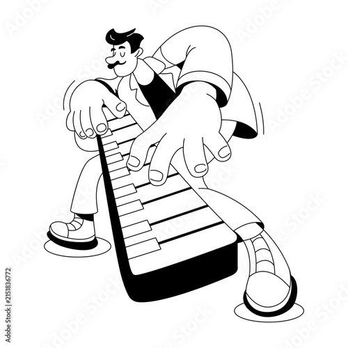 Energetic keyboard player carrying and performing on a portable electronic keyboard.