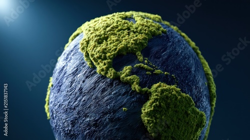 Planet earth covered in green moss on dark background