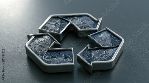 Recycling symbol with textured metallic surface
