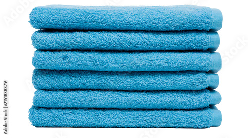 Stack of six fluffy blue bath towels